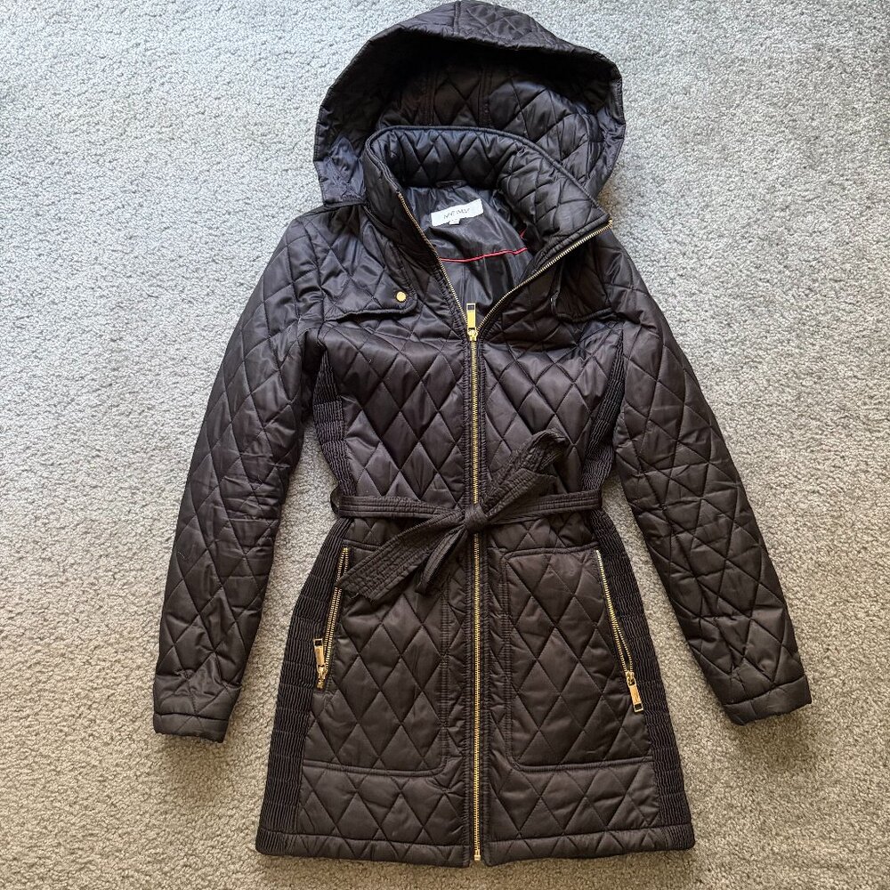 Nine West Hooded Black Diamond-Quilted Puffer Belted Jacket Coat